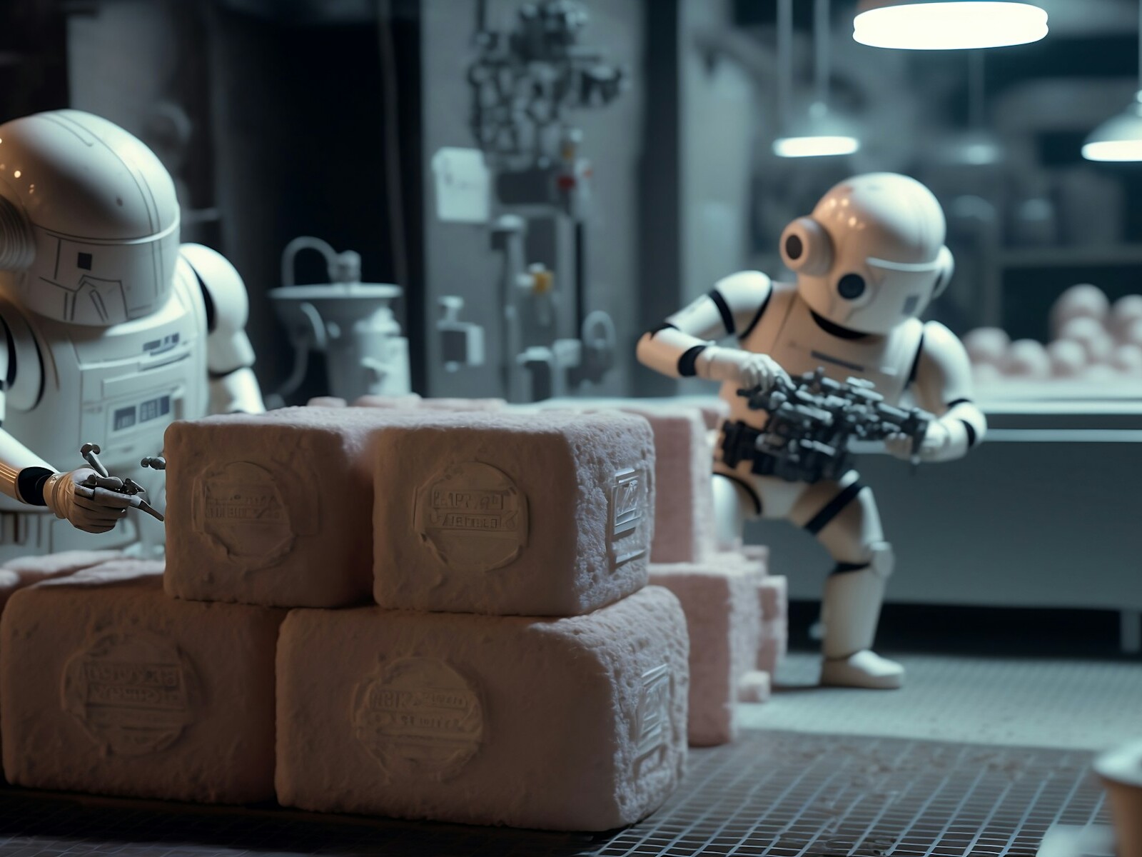 a robot holding a gun next to a pile of rolls of toilet paper